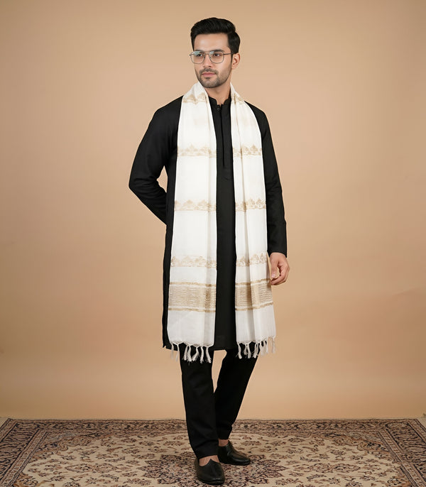 Cotton Cut Work Mens Dupatta – White Gold Tone with Woven Design