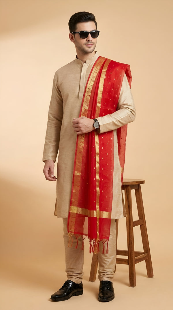 Cotton Silk Mens Dupatta – Red with Zari Buta & Border Work