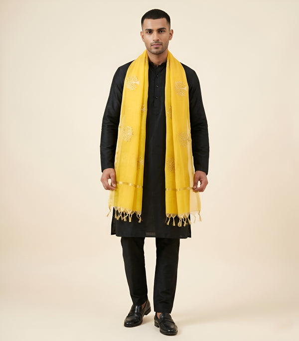 Organza Zari Buta Mens Dupatta – Yellow Tone with Gold Woven Design