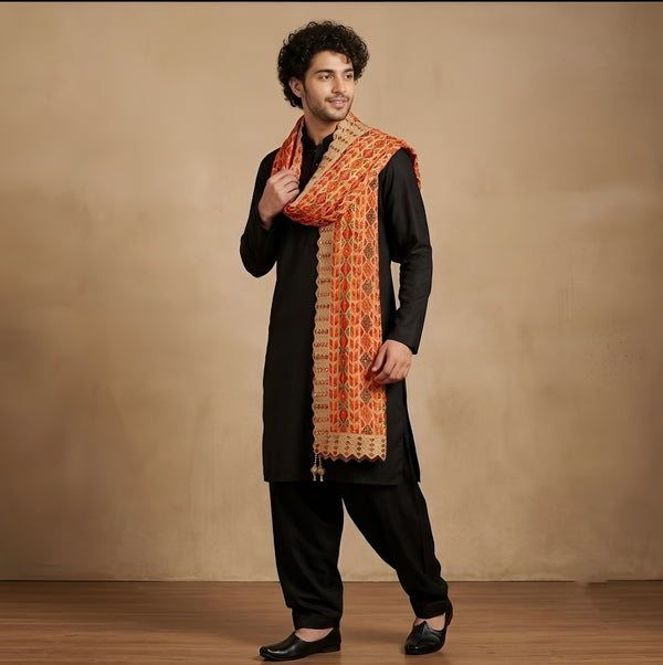 Heritage Woven Geometric Zari Chinon Beige Mens Dupatta