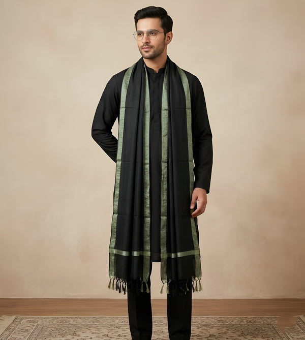 Cotton Mens Dupatta – Black with Golden Border & Tassel Finish