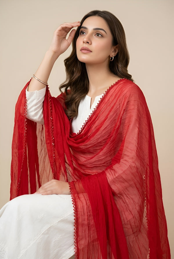 Red Nazneen Chiffon Dupatta with Lace Border | Solid Lightweight Wrap