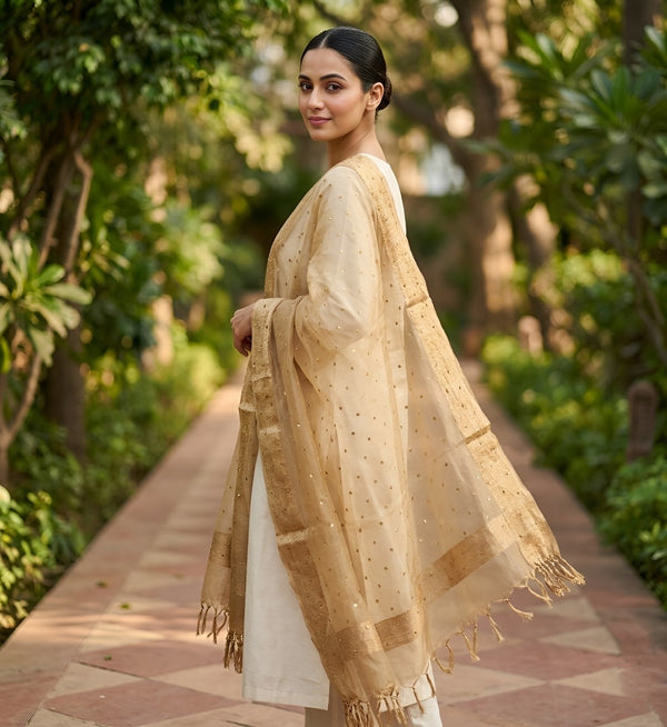 Gold Organza Dupatta with Golden Beads Work & Tassel Border