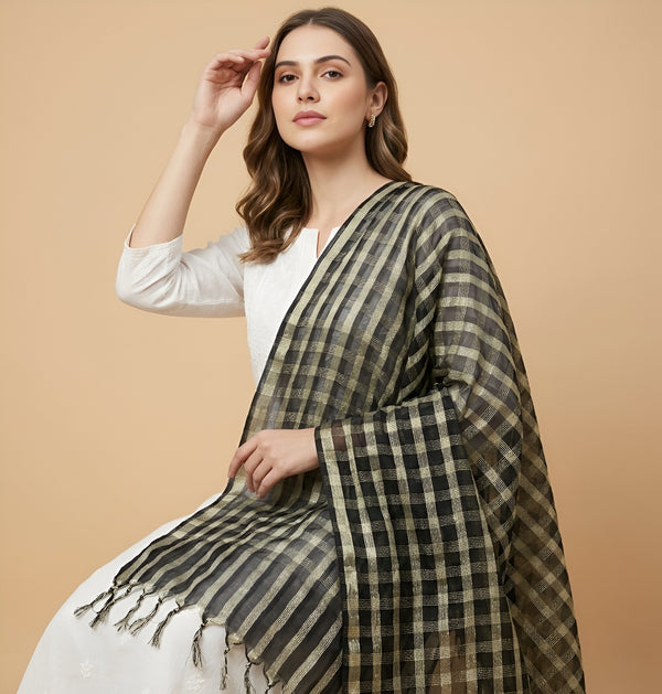 Black Cotton Dupatta with Golden Stripe Weave & Tassel Border