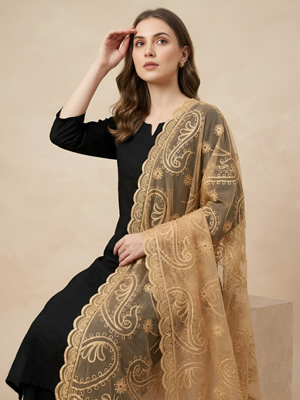 Gold Organza Embroidered Dupatta for Women with Paisley & Floral