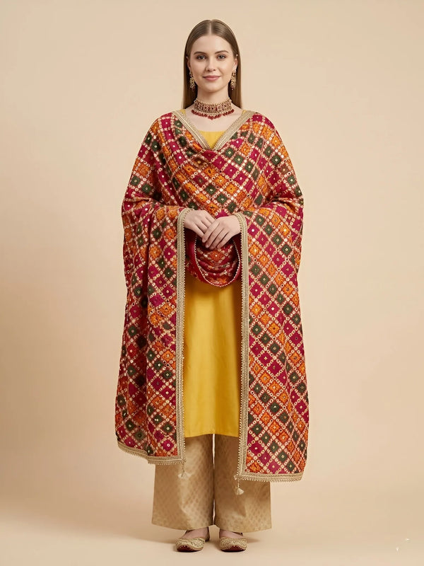 Luxe Chinon Women Phulkari Multicolor Dupatta with Mirror Work, Lace Border & Latkan Tassels