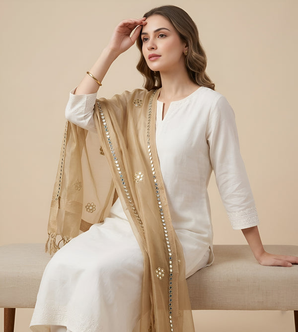 Gold Organza Dupatta with Mirror Flower Embroidery & Cutwork Border