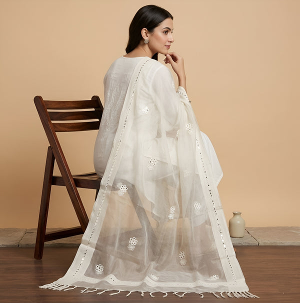 White Organza Dupatta with Mirror Flower Embroidery & Cutwork Border