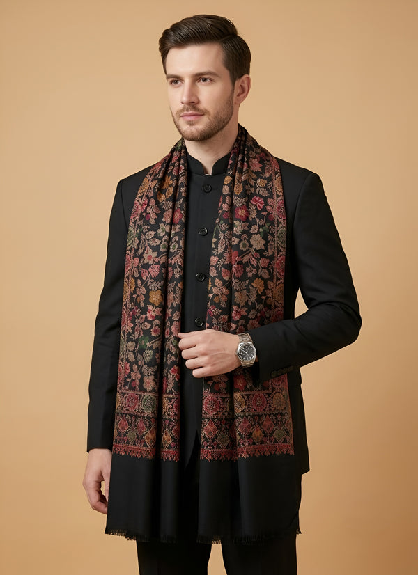 Noble Mens Wool Blend Floral Kani Weave Black Stole