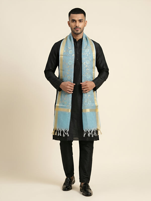Organza Meena Jaal Mens Dupatta – Teal with Gold Woven Design