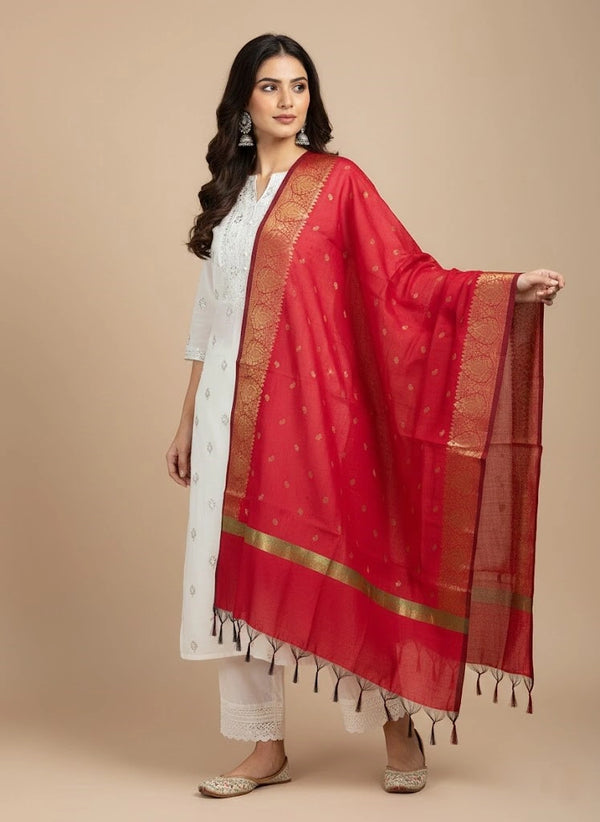 Red Woven Ethnic Motif Dupatta | Elegant Traditional Drape