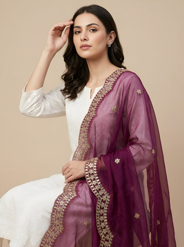 Wine Twill Net Women Dupatta – Scalloped Cutwork Border with Buti Work