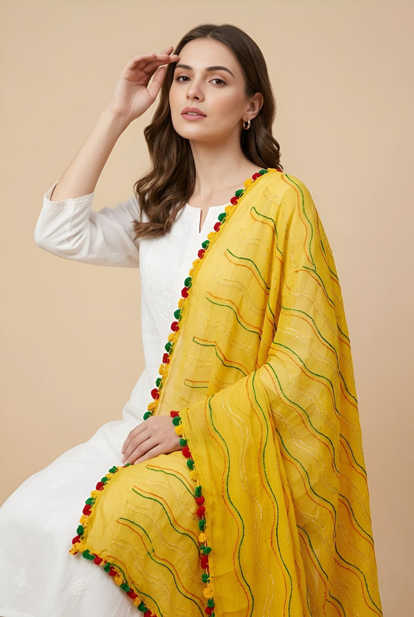 Yellow Nazneen Chiffon Dupatta with Multicolor Stripes & Pom Pom Border