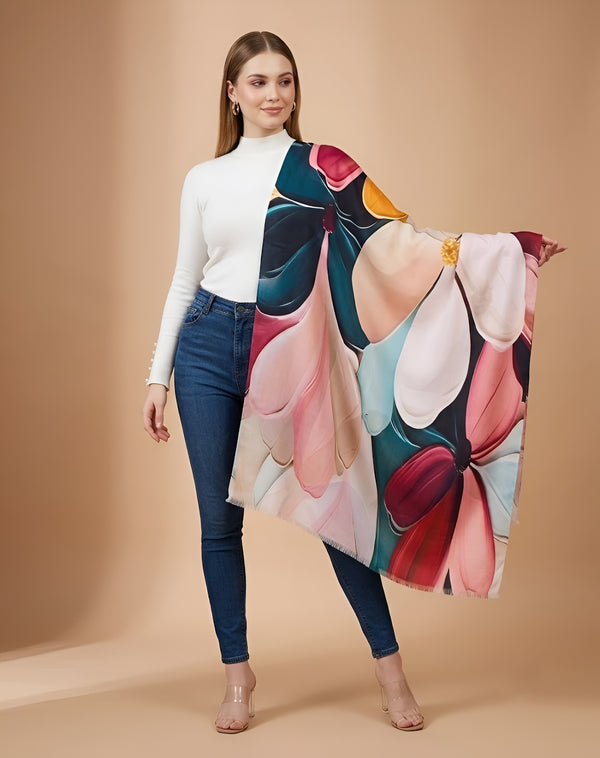 Signature Bamboo Silk Floral PrintedStole | Oversized Contemporary Bloom Print