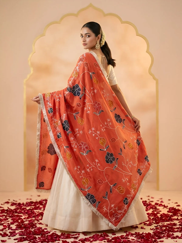 Luxe Cosmos Womens Orange Dupatta with Zari Brush Print & Lace Border