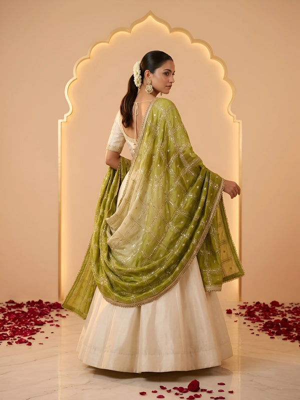 Luxe Chinon Womens Green Dupatta – Embellished Grid Work with Lace Border