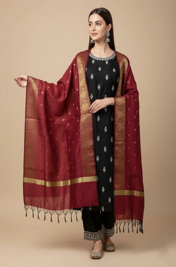 Maroon Woven Ethnic Motif Dupatta | Elegant Traditional Drape