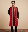 Red Organza Mens Dupatta – Scalloped Cutwork Border with Buti Work
