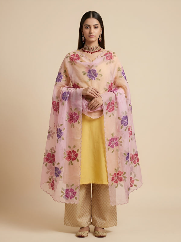Luxe Organza Womens Pink Dupatta with Floral Brush Print Embellishment