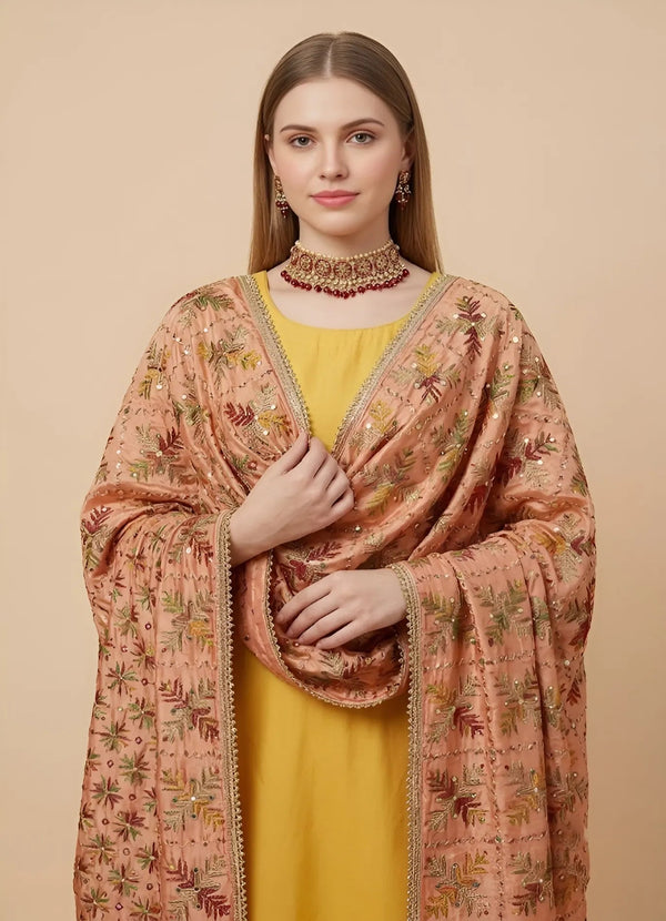 Luxe Heritage Phulkari Chinon Embroidered Peach Dupatta with Lace Border