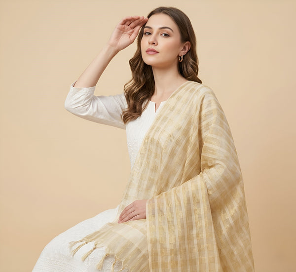 Gold Cotton Dupatta with Golden Stripe Weave & Tassel Border