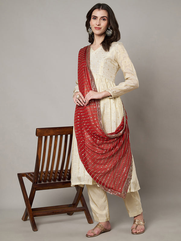 Maroon Chinon Dupatta with Gold Stripe Sequin Work & Gota Border (Size: 2.5x1 m Approx)