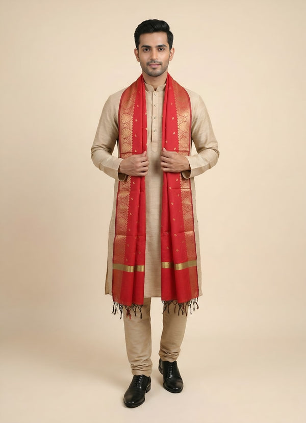 Banarasi Silk Mens Dupatta – Red with Zari Buta & Border Work