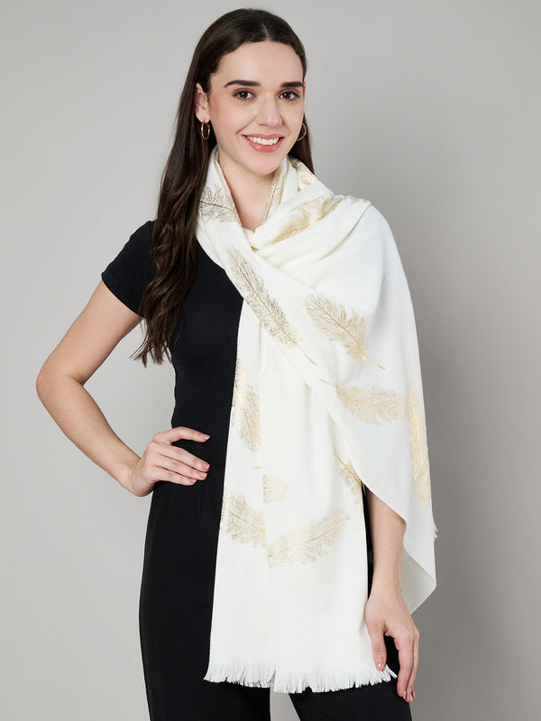 Wool White Feather Motif Women Stole | Elegant Woven Wrap with Metallic Accents (80 × 28 Inches)