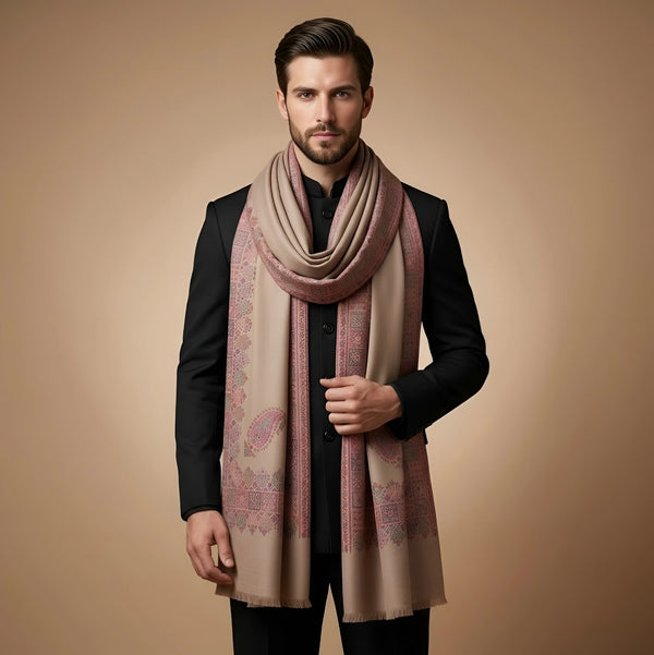 Mir-e-Khas Men's Kashmir-Inspired Kani Paisley & Geometric Border Wool Blend Brown Shawl