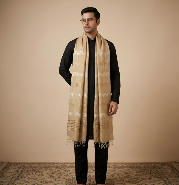 Cotton Cut Work Mens Dupatta – Beige Gold Tone with Woven Design