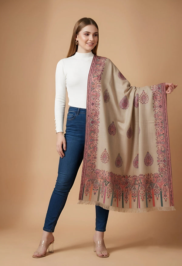 Regal Kani Woven Paisley Border Wool Blend Beige Stole | Kashmiri Inspired
