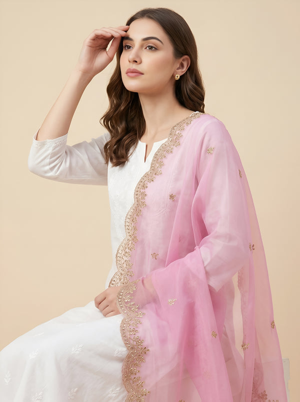 Pink Organza Women Dupatta – Scalloped Cutwork Border with Buti Work