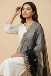 Black Organza Women Dupatta – Scalloped Cutwork Border with Buti Work