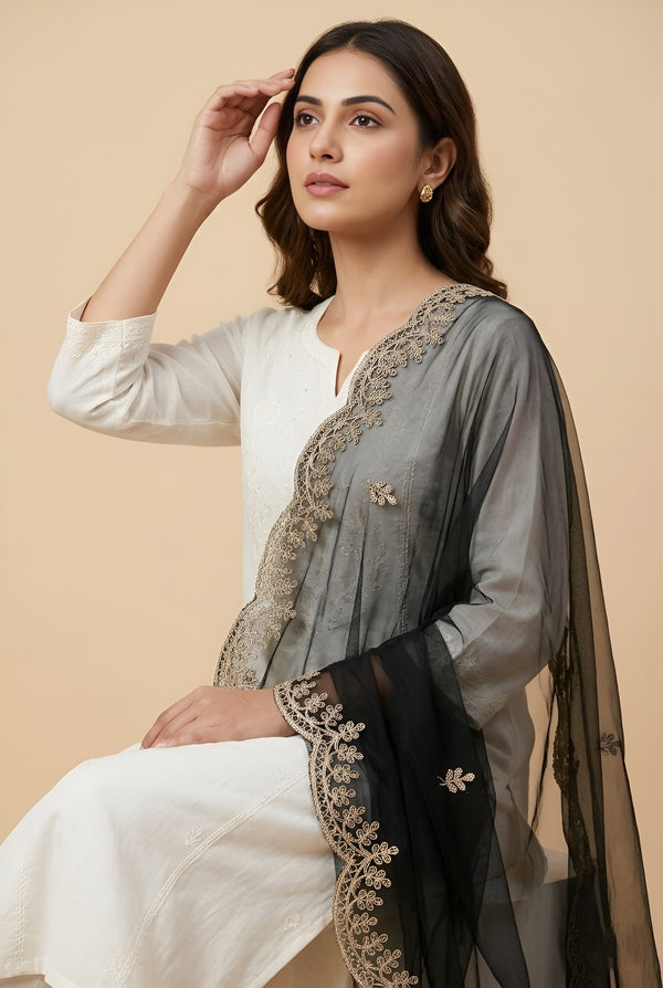Black Organza Women Dupatta – Scalloped Cutwork Border with Buti Work