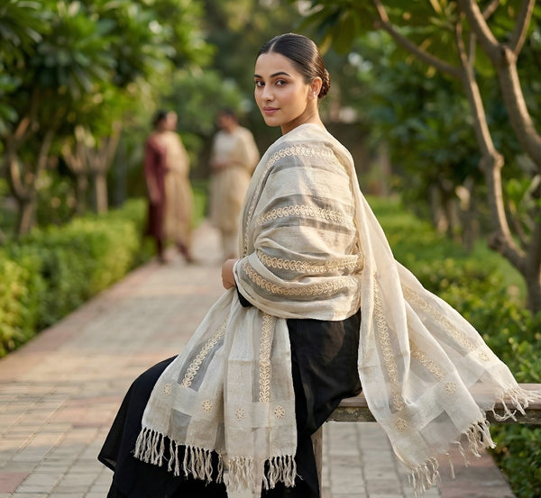 White Organza Dupatta with Gota Patti Work & Tassel Border