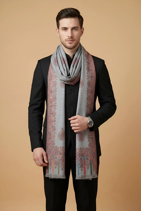 Noble Kani Woven Paisley Border Wool Blend Grey Stole