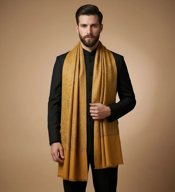 Mir-e-Khas Kashmiri Sozni Jaal Yellow Shawl for Men – Wool Blend