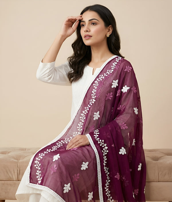 Wine Nazneen Chiffon Embroidered Dupatta with Floral Work