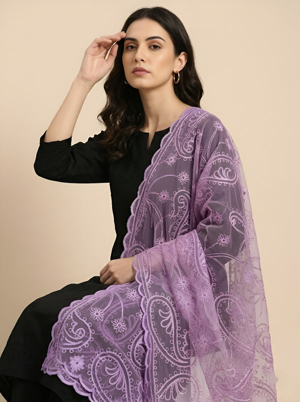 Lavender Organza Embroidered Dupatta for Women with Paisley & Floral