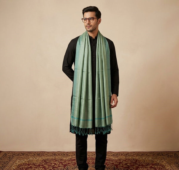 Khadi Cotton Mens Dupatta – Dusty Green with Textured Weave