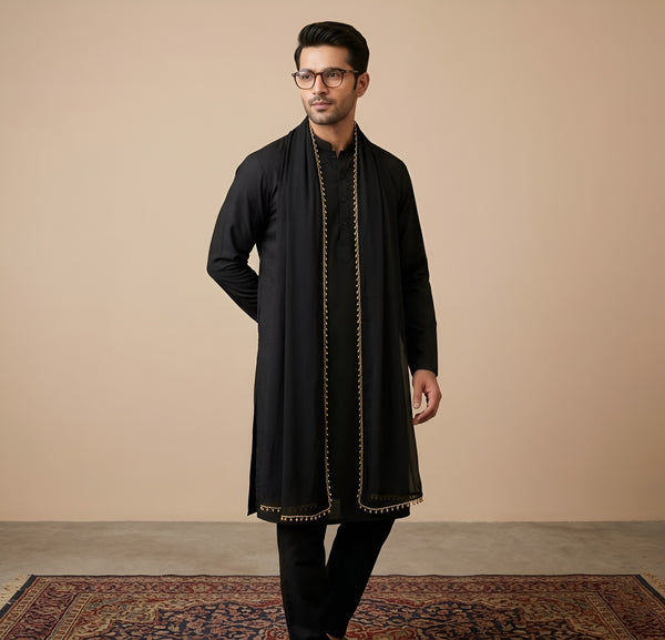 Nazneen Chiffon Mens Dupatta – Solid Black with Elegant Lace Border