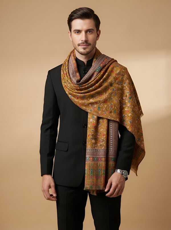 Reserve Mens All-Over Kalamkari Floral Print Bamboo Silk Mustard Stole