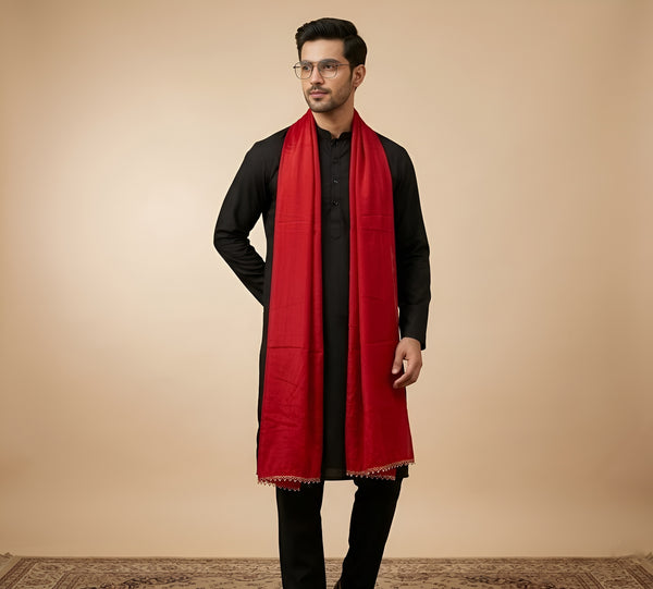 Nazneen Chiffon Mens Dupatta – Solid Red with Elegant Lace Border