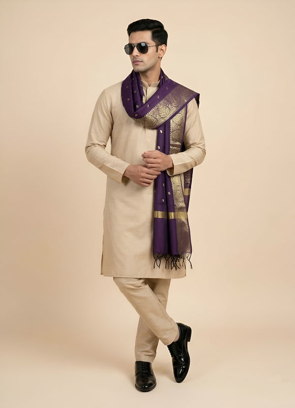 Banarasi Silk Mens Dupatta – Purple with Zari Buta & Border Work
