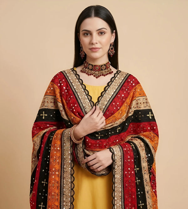 Luxe Chinon Multicolour Mirror Work Embroidered Phulkari Dupatta with Scalloped Lace Border