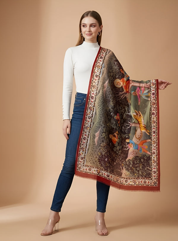 Signature Bamboo Silk PrintedStole | Heritage Royal Hunting Scene Print