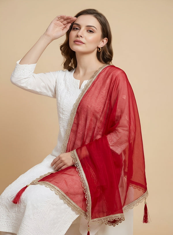 Fendi Women Dupatta – Red Tone with Lace Border & Latkan