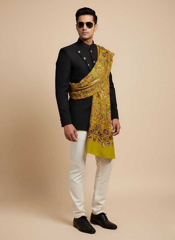 Printed Bamboo Silk Mens Shawl – Mustard Floral Classic Wrap (80 x 40 Inches)