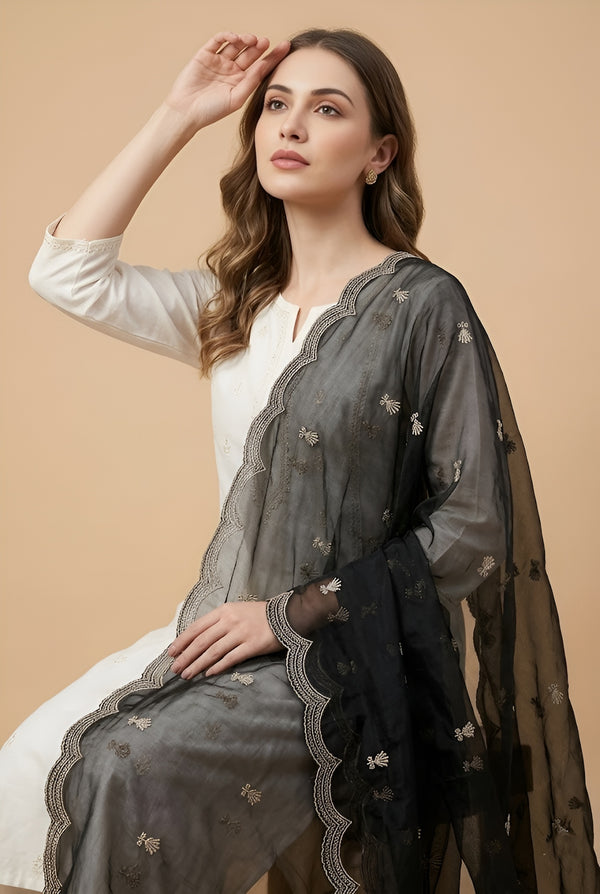 Designer Twill Net Women Black Dupatta with 2 Side Scalloped Border & Buti Embellishment