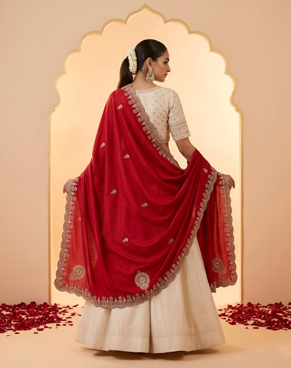Luxe Vichitra Women Rani Dupatta with 4 Side Scalloped Embroidered Border & Buti Embellishment
